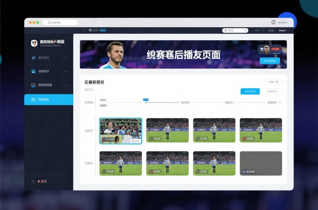 比赛结束后，电视屏幕展示集锦回放页面，旁边有时间轴和多角度切换提示